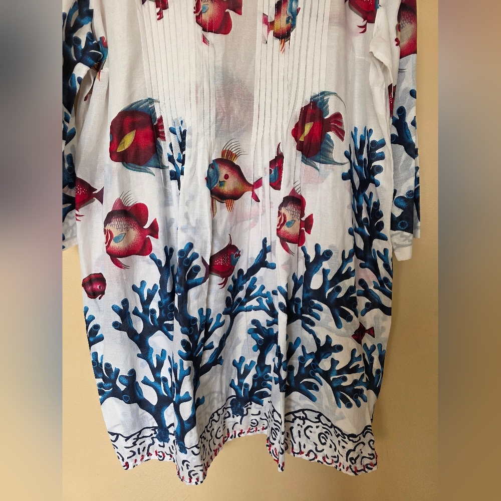 Soft Surroundings Seychelles Tunic Dress 2X Fish Coral Cotton Beach CoverUp Boho - Picture 4 of 11